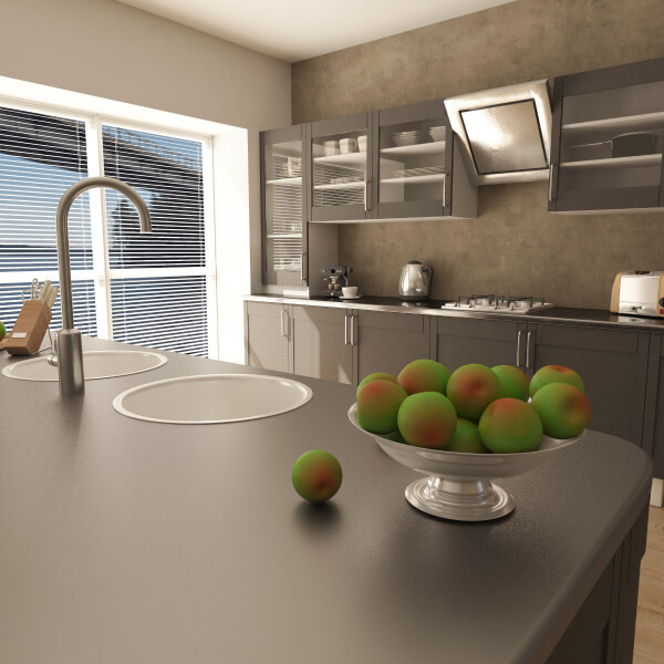 Modern kitchen with a sink, fruit bowl, and window, showcasing storage furniture trends.